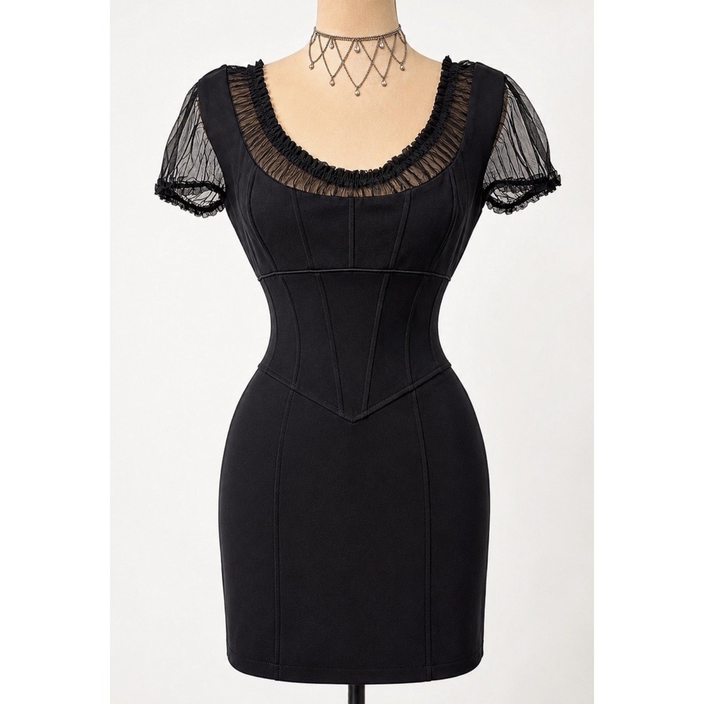 BEBE Womens Corset Waist Dress Mini Sz 10 Goth Sheer Puff Sleeve Romantic Black